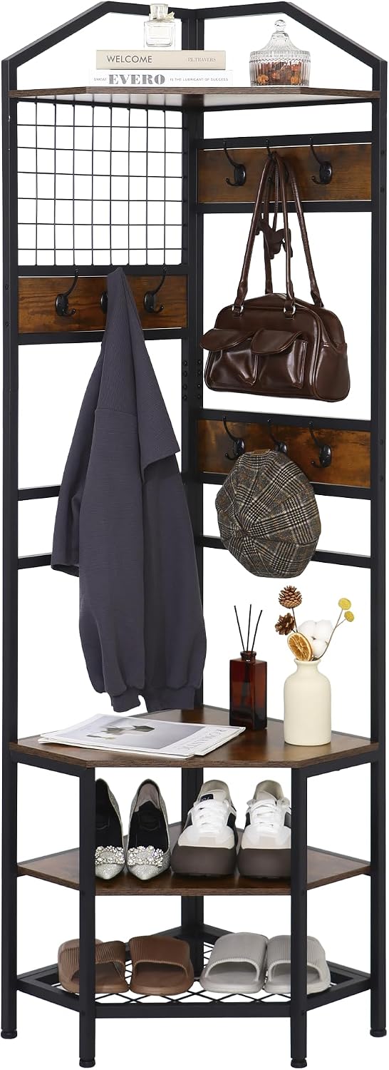 Heavy Duty Corner Hall Tree Organizer, 3-in-1 Industrial Freestanding Coat Storage Rack with Hooks and 4 Wooden Shelves for Entryway, Black
