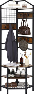 Heavy Duty Corner Hall Tree Organizer, 3-in-1 Industrial Freestanding Coat Storage Rack with Hooks and 4 Wooden Shelves for Entryway, Black