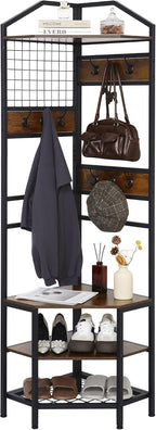 Heavy Duty Corner Hall Tree Organizer, 3-in-1 Industrial Freestanding Coat Storage Rack with Hooks and 4 Wooden Shelves for Entryway, Black