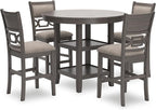Signature Design by Ashley Wrenning Classic Upholstered Counter Height Dining Table and 4 Bar Stools with Storage, Set of 5, Gray & Light Gray