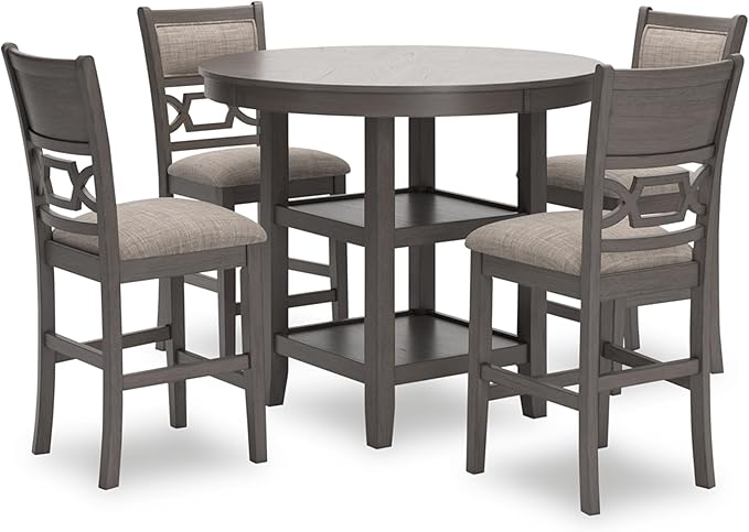 Signature Design by Ashley Wrenning Classic Upholstered Counter Height Dining Table and 4 Bar Stools with Storage, Set of 5, Gray & Light Gray