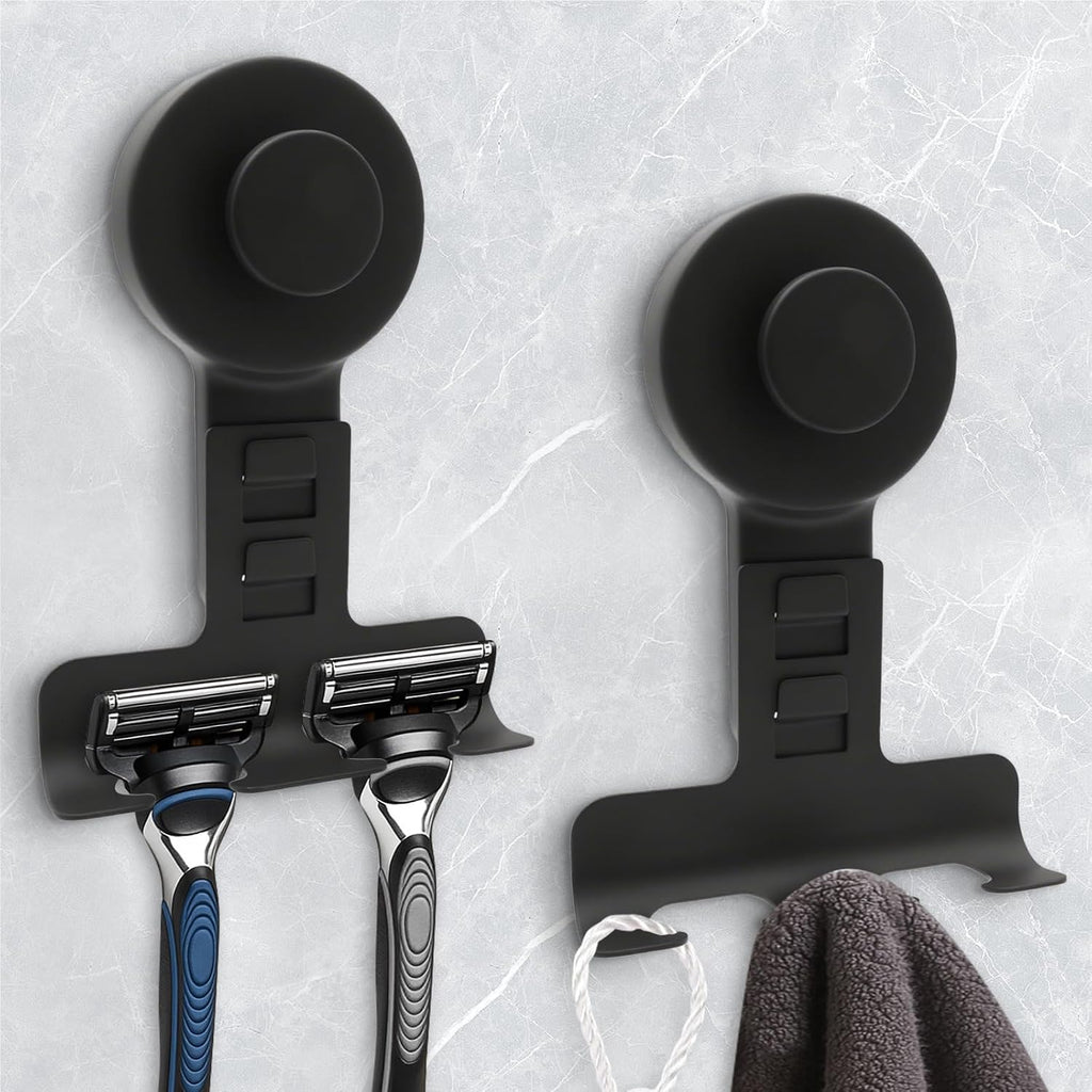 Suction Cup Razor Holder for Shower Wall 2 Pack,Heavy-Duty 15lbs Suction Hooks for Razor,Towel,Phone,Loofah, Removable Damage-Free Metal Shower Hook,Shaver Holder(Black)
