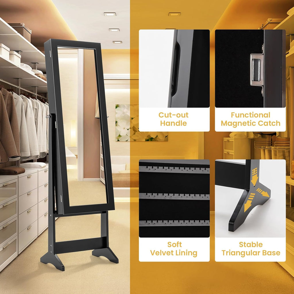 Freestanding Jewelry Armoire Cabinet, Jewelry Organizer with Full Length Mirror, Standing Makeup Mirror Cabinet w/ 3 Adjustable Angles & Large Storage Capacity, for Bedroom Dressing Room (Black)