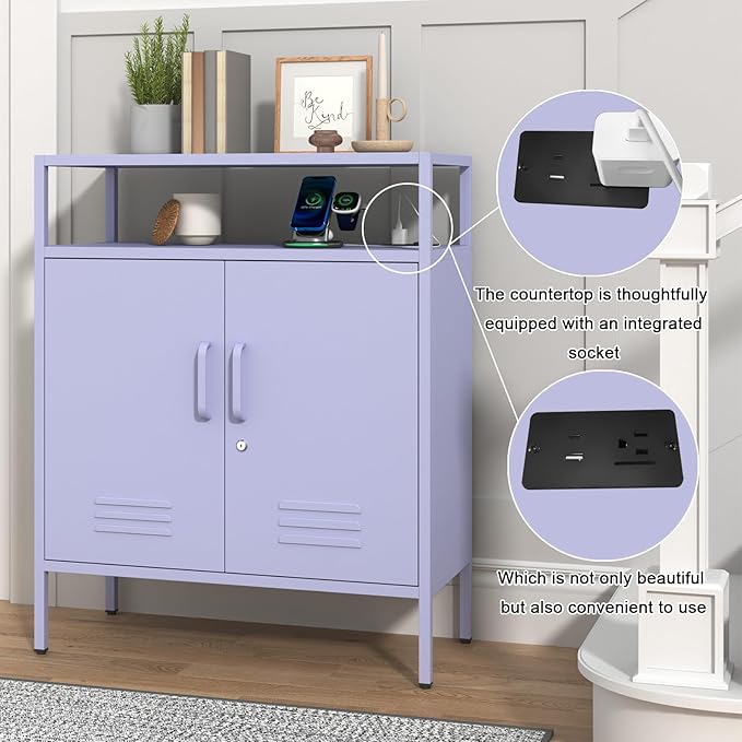 Multifunctional Lockable Storage Cabinet, 3-Tier Side Cabinet with Power Strip & USB Ports, Adjustable Shelf, for Living Room, Home, Office, Purple 33" H X 29.5" W X 13.8" D
