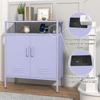 Multifunctional Lockable Storage Cabinet, 3-Tier Side Cabinet with Power Strip & USB Ports, Adjustable Shelf, for Living Room, Home, Office, Purple 33" H X 29.5" W X 13.8" D