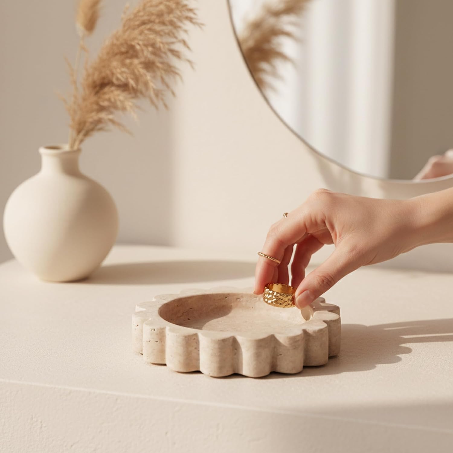 Marble Jewelry Dish 5.5 Inch Handmade Travertine Ring Holder - Trinket Tray for Keys, Earrings, Necklaces & Gifts for Women - Small Candle Dishes, Stone Jewelry Tray for Vanity Decor