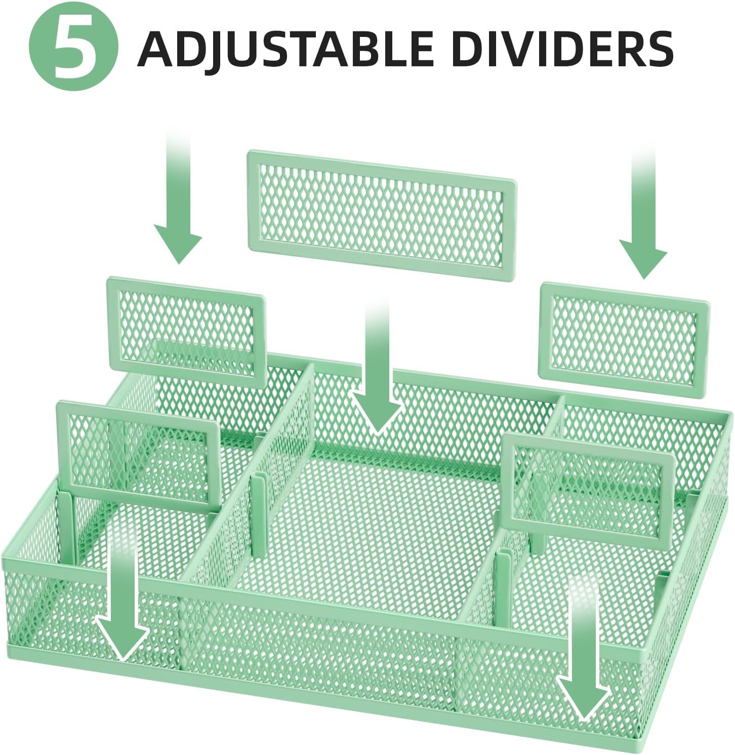 Marbrasse 2 Pack Desk Drawer Organizer, Mesh Drawer Organizer Tray with 8 Adjustable Compartments, Desk Organizers and Accessories, 5 Dividers Drawer for Office Supplies, Makeup & Vanity (Green)