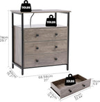 3 Wooden Drawers Nightstand, 27 Inch Wide Night Stand Set 2 with Charging Station and Adjustable Drawers, Bedside Table for Living Room/Bedroom/Office, Gray.