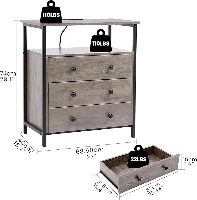 3 Wooden Drawers Nightstand, 27 Inch Wide Night Stand Set 2 with Charging Station and Adjustable Drawers, Bedside Table for Living Room/Bedroom/Office, Gray.