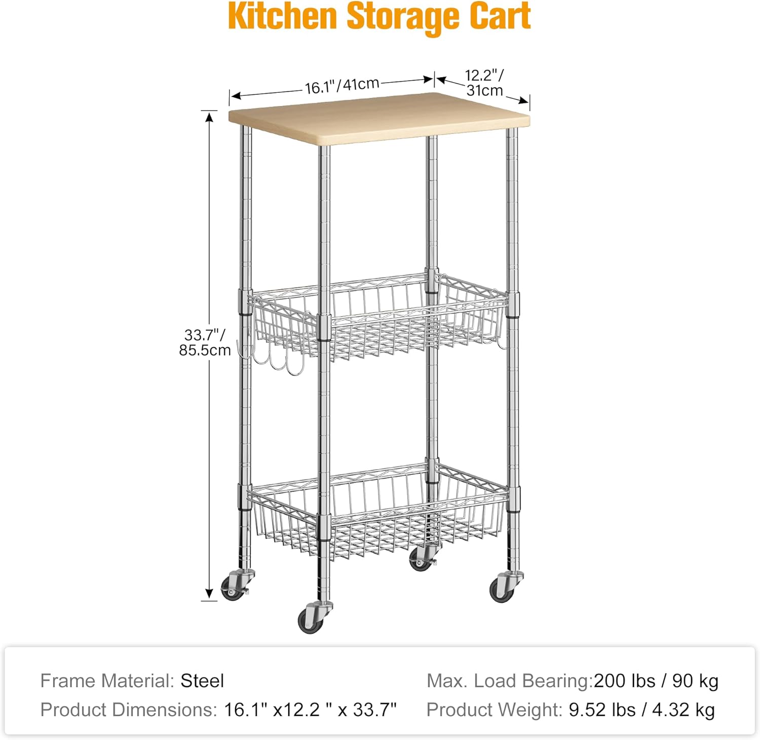 Homeiju Rolling Kitchen Storage Cart, 3-Tier Storage Rack on Caster Wheels with Adjustable 2 Baskets, Coffee Station Cart Rack Shelf Organizer for Living Room Office, Balcony, Chrome/Silver