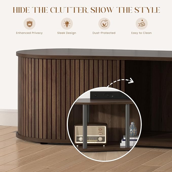 59" Fluted TV Stand with Sliding Tambour Door, Mid Century Modern Wood Media Console with Storage Cabinet, Entertainment Center for Living Room (Walnut)