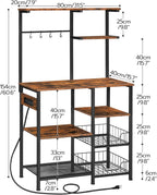 HOOBRO Large Bakers Rack with Power Outlets, 6-Tier Microwave Stand with 4 Hooks, Coffee Bar, Kitchen Shelf with Wire Basket, for Kitchen, Living Room, Office, Rustic Brown and Black BF64UHB01