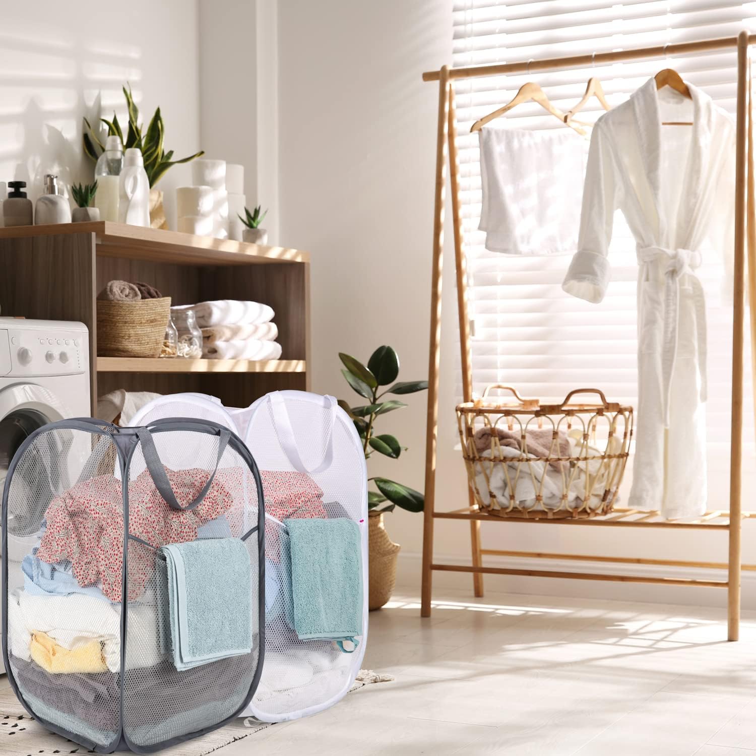 BATTOO Deluxe Strong Mesh Pop up Laundry Hamper Basket with Side Pocket Foldable Hamper for Laundry Room, Bathroom, Kids Room, College Dorm or Travel Grey + White