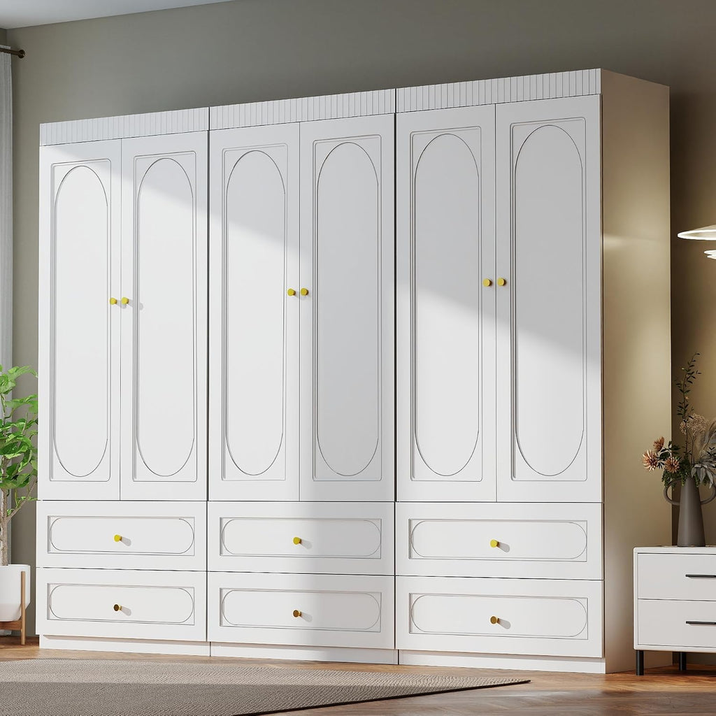 Armoire Wardrobe Closet with Drawers: 74" White Wardrobe Closet with 6 Doors, Large Armoire with 6 Drawers, Hanging Rod, Wood Closets for Bedroom