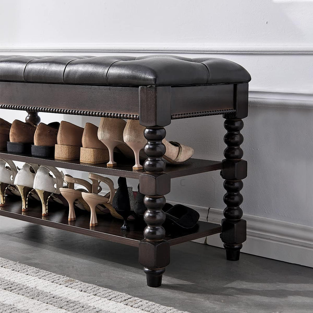 LEILISI Shoe Bench, Wood Storage Bench with Cushion Seat, Shoe Rack with Hidd...