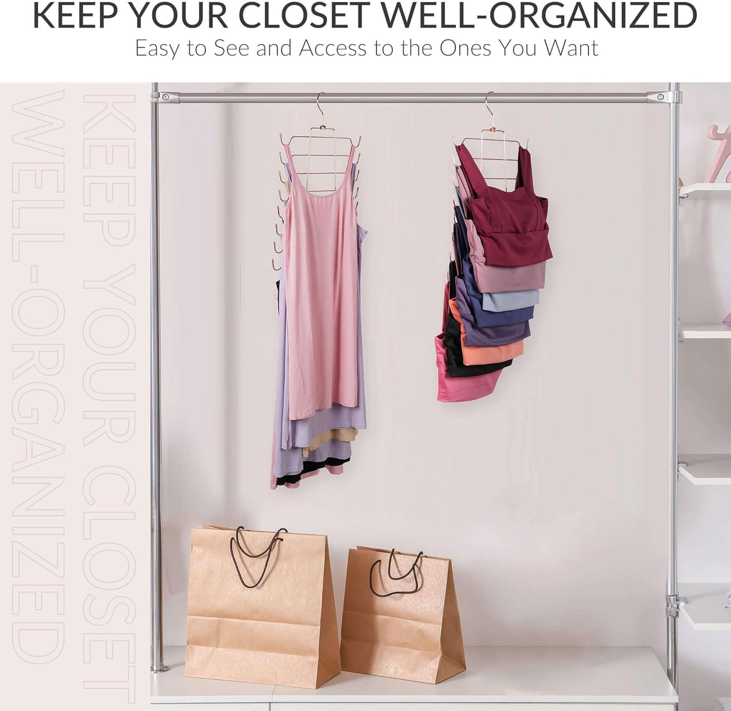 ZEDODIER 3 Pack Tank Top Hanger Space Saving, Bra Hangers for Closet Organizer, Hanging Bra Organizer Tank Tops Holder with 24 Hooks, Closet Organizers and Storage Small Space Solutions, Rose Gold