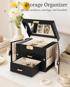 TORIBIO Jewelry Box for Women, Leather Jewelry Organizer with Mirror & Lock, 3-Tier Jewelry Storage Organizer with 2 Drawers for Girls/Women/Mothers, Necklace Earring Bracelets Holder Organizer