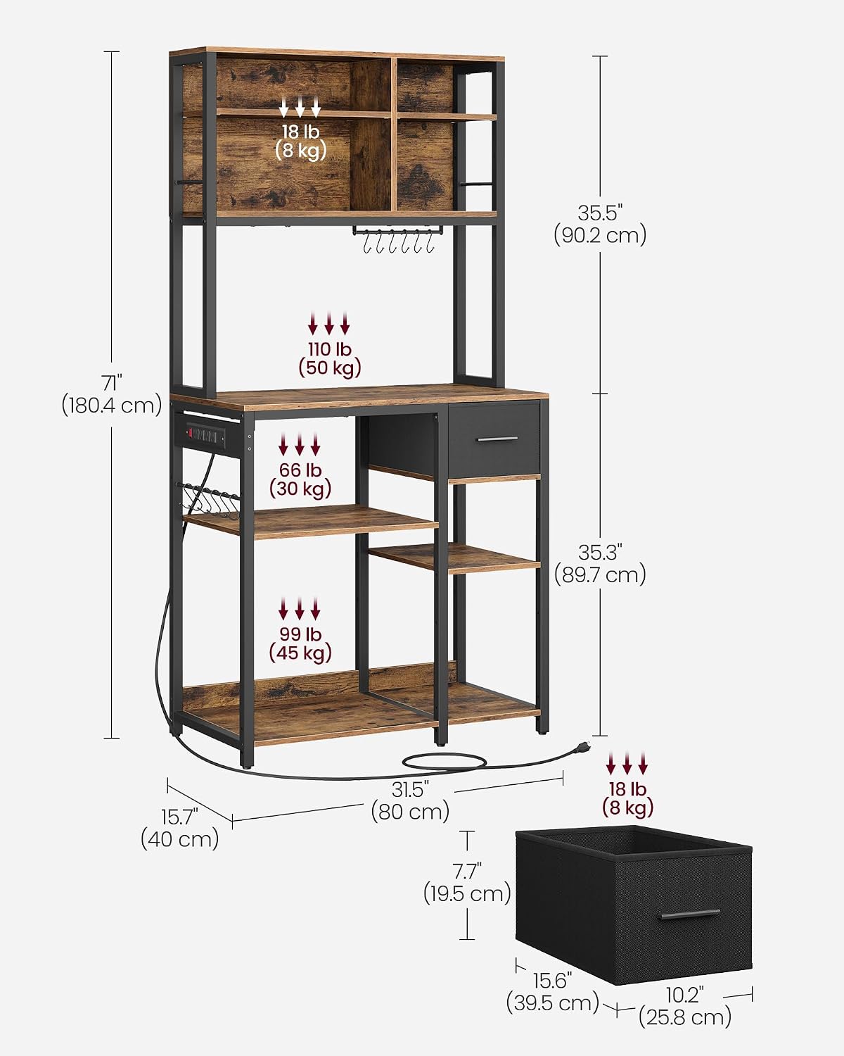 VASAGLE Bakers Rack with Charging Station, Coffee Bar, 15.7 x 31.5 x 71 Inches, Kitchen Microwave Stand, Adjustable Storage Shelves, Fabric Drawer, 12 Hooks, Rustic Brown and Ink Black UKKS015K01