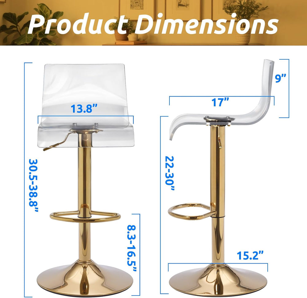 Lessmore Clear Bar Stools Set of 2, Acrylic Bar Stools Swivel, Transparent Ba...