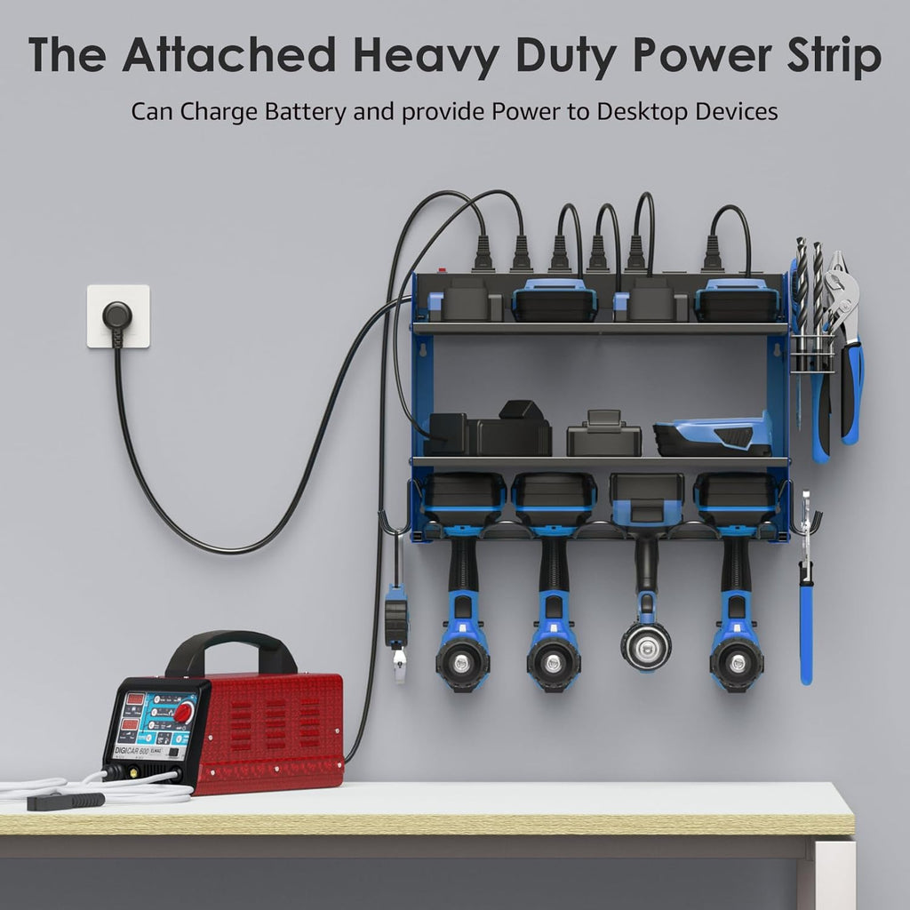 CCCEI Modular Power Tool Organizer Wall Mount with Charging Station. Garage Drill Storage Shelf with Hooks, Heavy Duty Rack, Tool Battery Holder Built in 8 Outlet. Gift for Men. Blue, 1 Pack.
