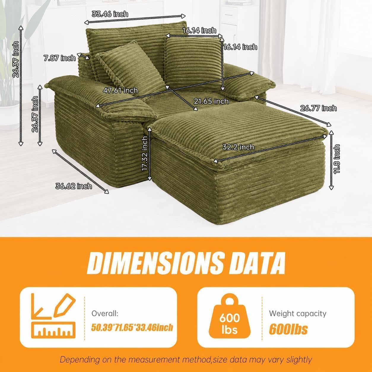 HYJT-H&K 63.5" Oversized Chaise Lounge Sofa, Boneless Chair with Ottoman | Green/Comfy Corduroy Reading Chair has Deep Seat,Ergonomic Armrests and 3 Pillows,No Assembly,For Living Rooms,Bedrooms