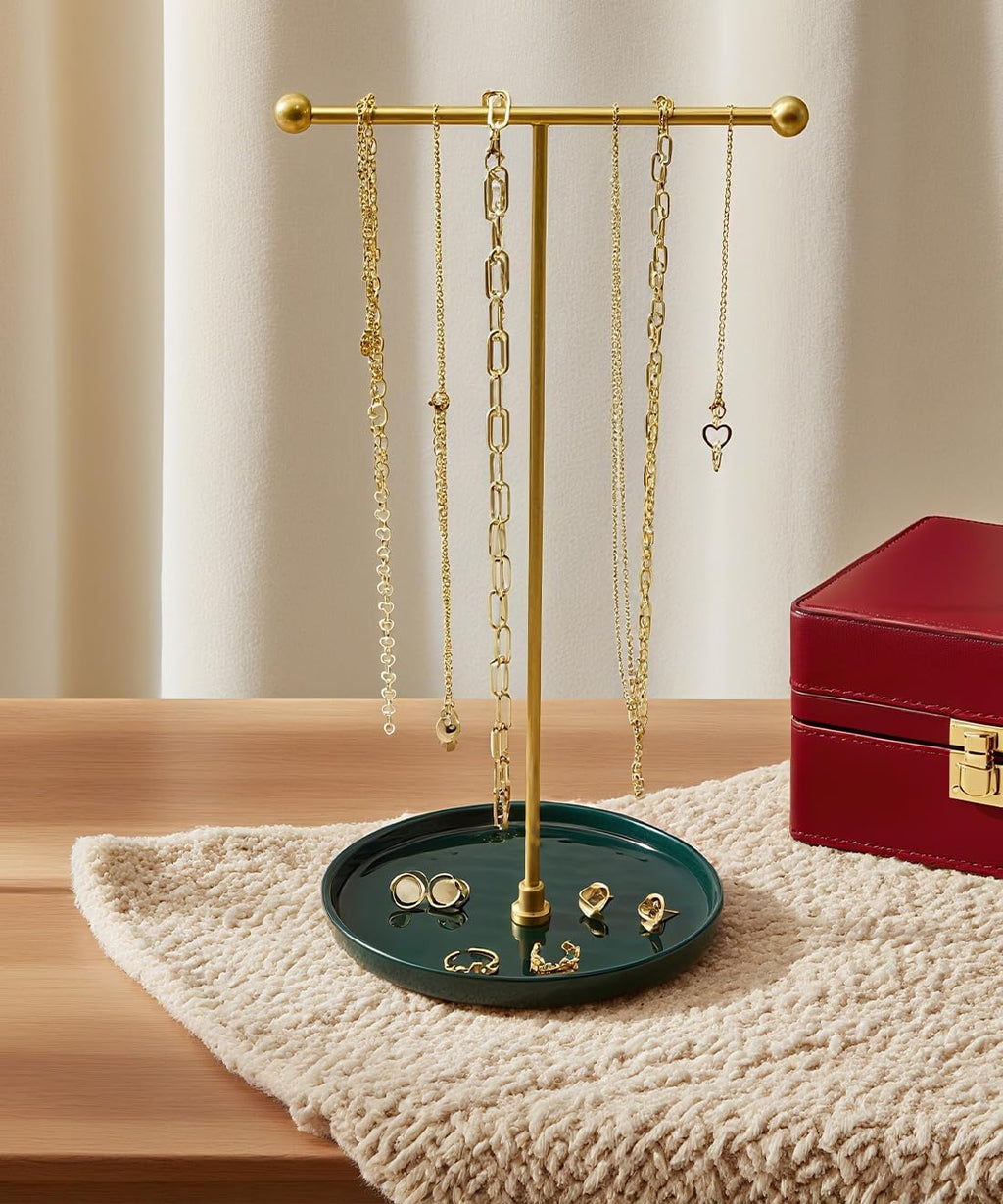 VROOMIUM Necklace Holder Stand - 6in Ceramic Base X 1ft Height, Aesthetic Decor for Bedroom, Jewelry Organizer for Necklace, Bracelets, Rings, Exhibidor de Collares- Elegant Green