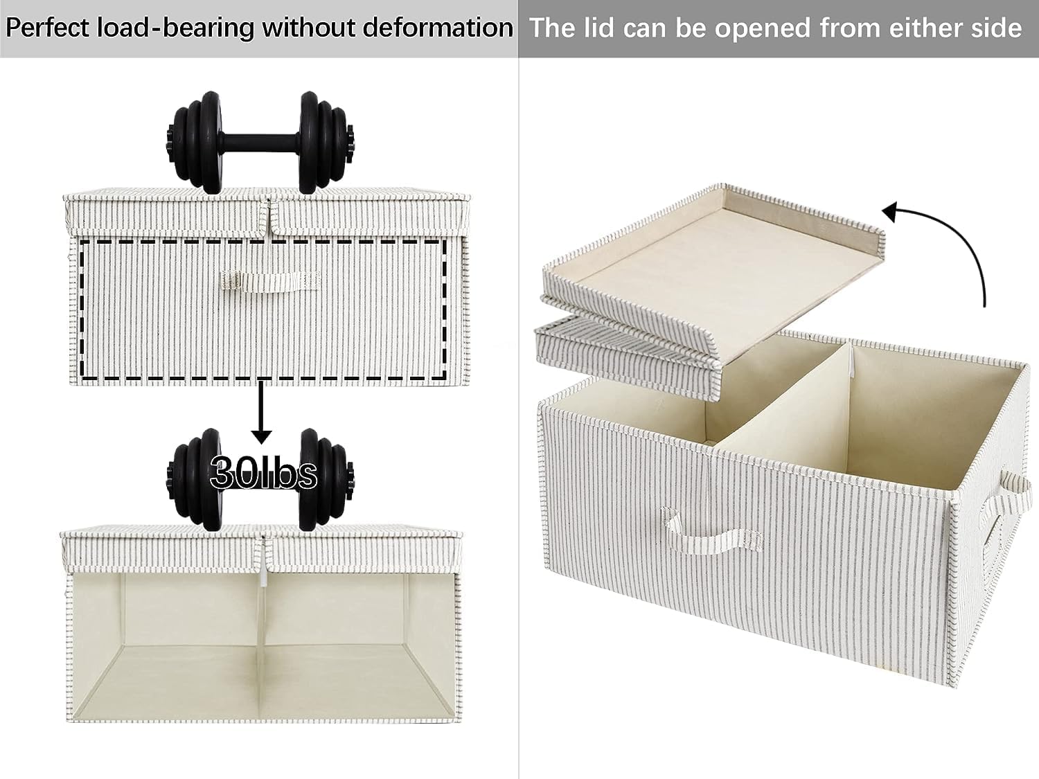 StorageWorks Extra Large Storage Bins with Lids, 55L Decorative Organizer with Divider Board, Fabric Boxes with Handles, Khaki and Beige Stripes, 2-Pack