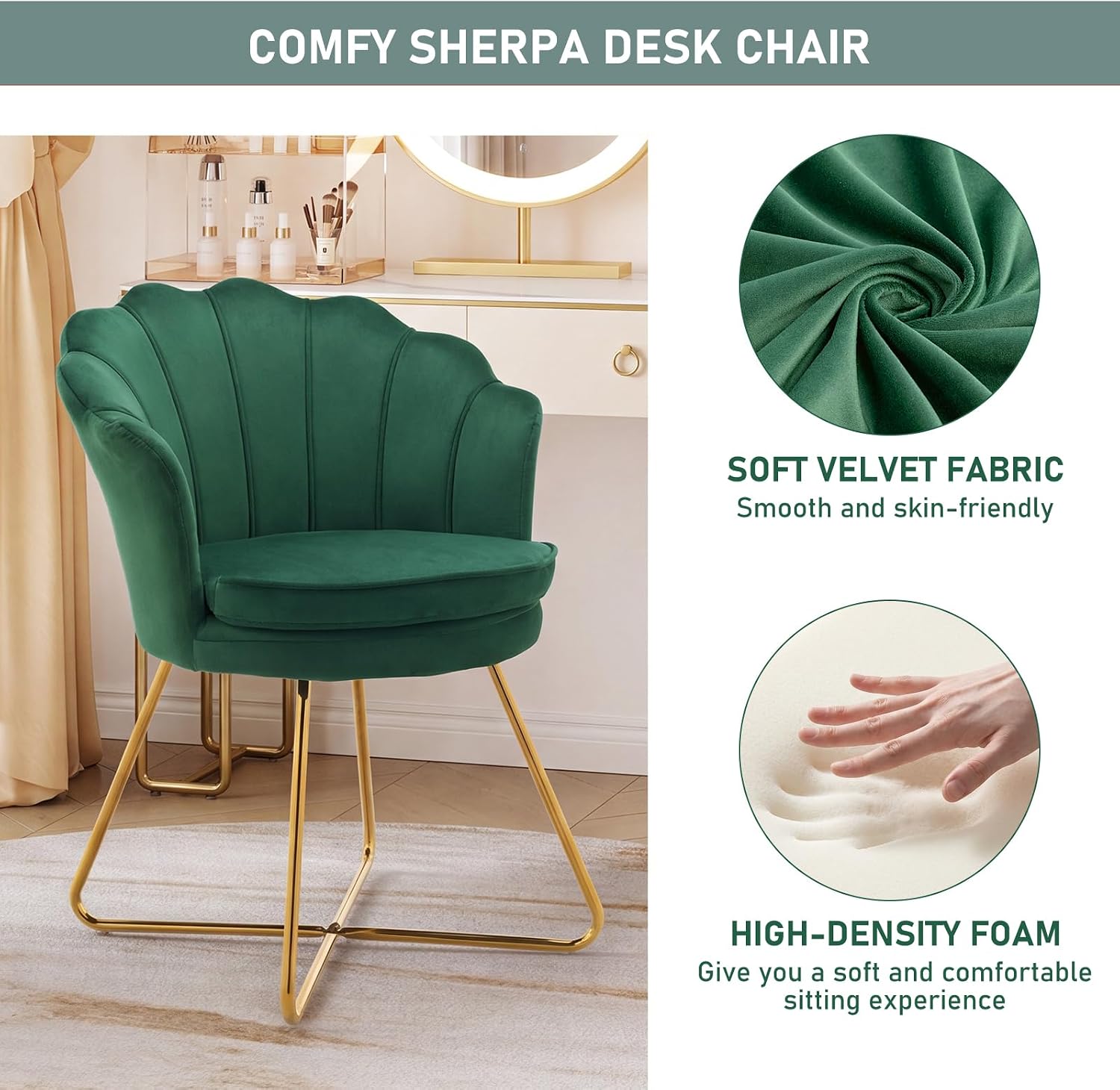 Furnimart Vanity Chair with Back, Shell Accent Chair for Living Room, Criss Cross Chair with Gold Legs, Makeup Chair for Bedroom Desk Chair no Wheels, Velvet Green