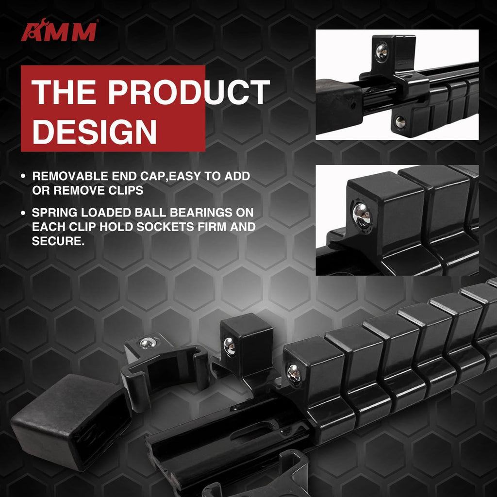 AMM 9-Piece Socket Organizer, 1/2 inch, 3/8 inch and 1/4 inch Drive ABS Tools-Black Socket Holder,Heavy Duty Socket Racks, Premium Quality Socket Clip Rail Holder,The best tool trays in the garage