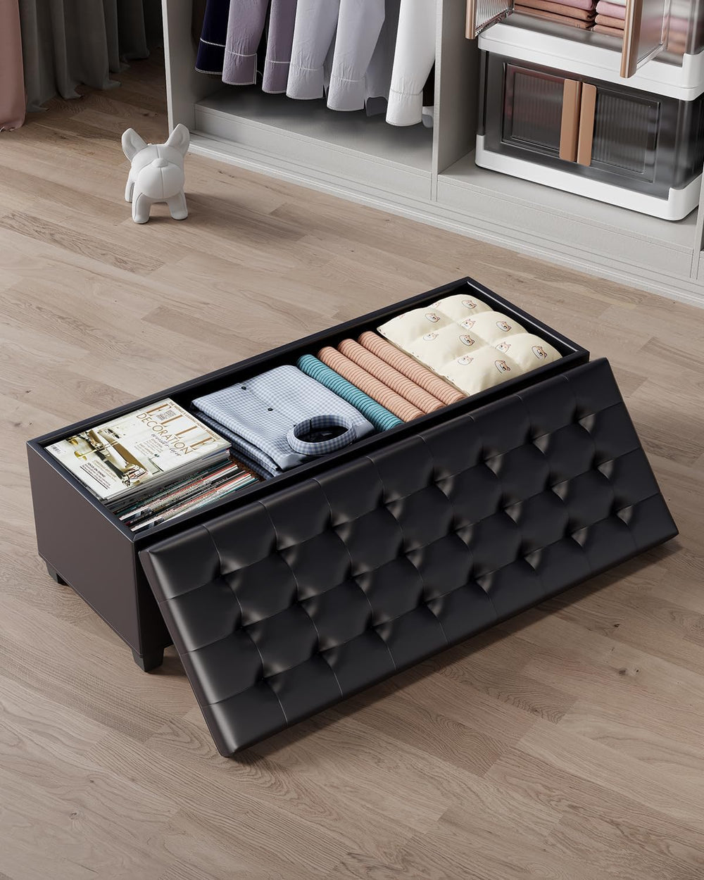ABHENG Synthetic leather Storage ottoman bench with legs,43.5”W x 15.7”D x 15...
