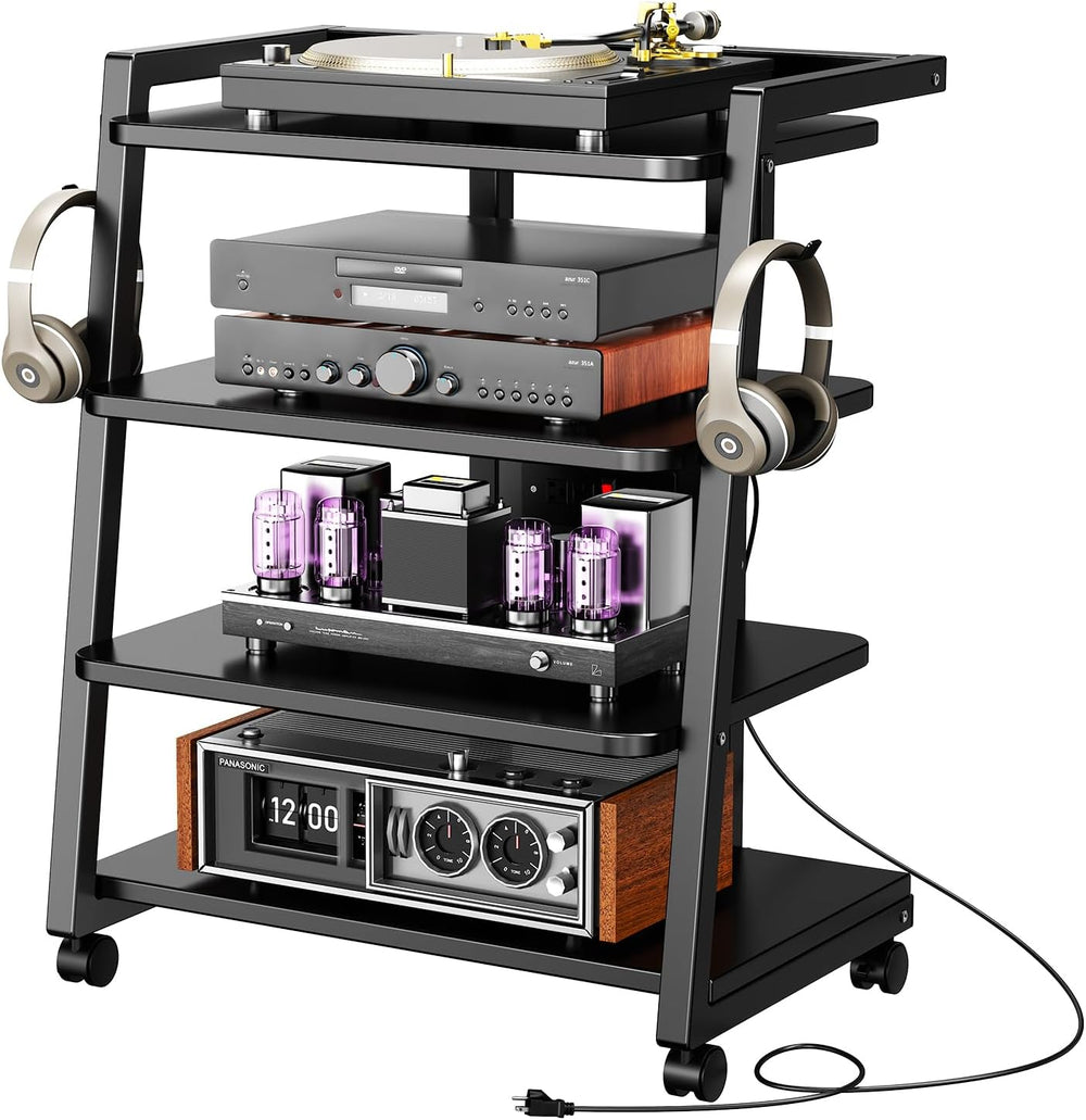 Mobile AV Media Stand with Outlets and 4 Rolling Caster Wheels
