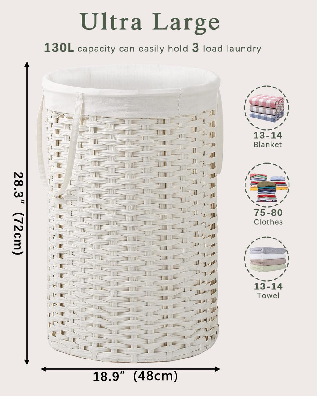34.3 Gal (130 L) Large Laundry Hamper Laundry Basket Round Handwoven Wicker Laundry Baskets Rattan Laundry Basket with Removable Bag Handles 2 Mesh Bags for Living Room Bedroom White