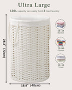 34.3 Gal (130 L) Large Laundry Hamper Laundry Basket Round Handwoven Wicker Laundry Baskets Rattan Laundry Basket with Removable Bag Handles 2 Mesh Bags for Living Room Bedroom White