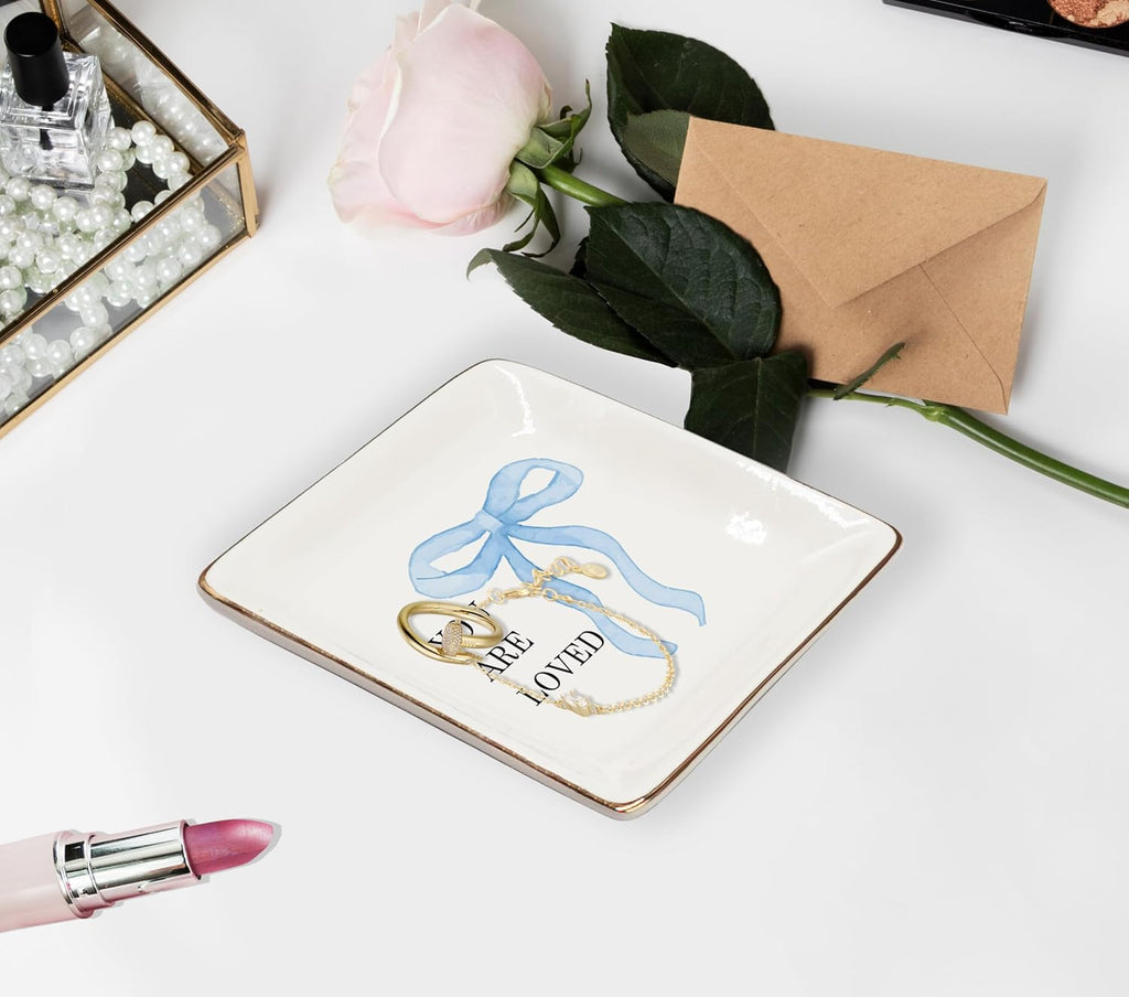 WODMIS Coquette Blue Bow You Are Loved Ceramic Jewelry Tray Dish, Inspirational Gifts for Women, Preppy Bow Girly Motivational Jewelry Plate Ring Trinket Dish, Positive Affirmation Gifts