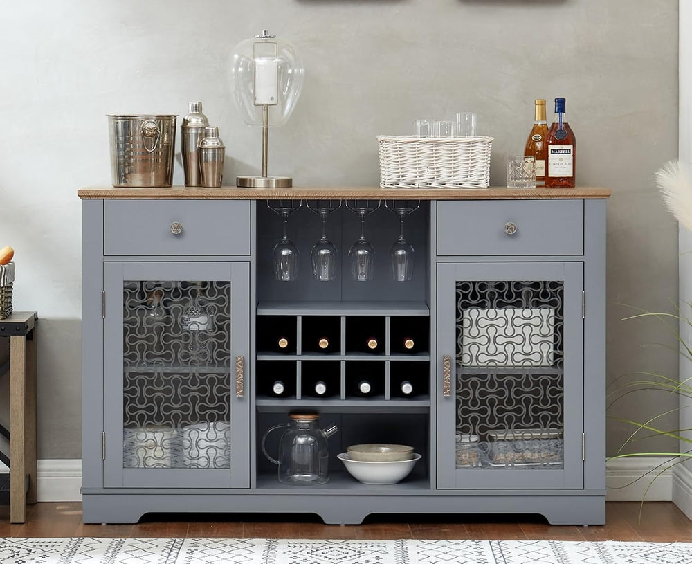 Modern Farmhouse Buffet Cabinet, Sideboard with 2 Drawers and Elegant Glass D...