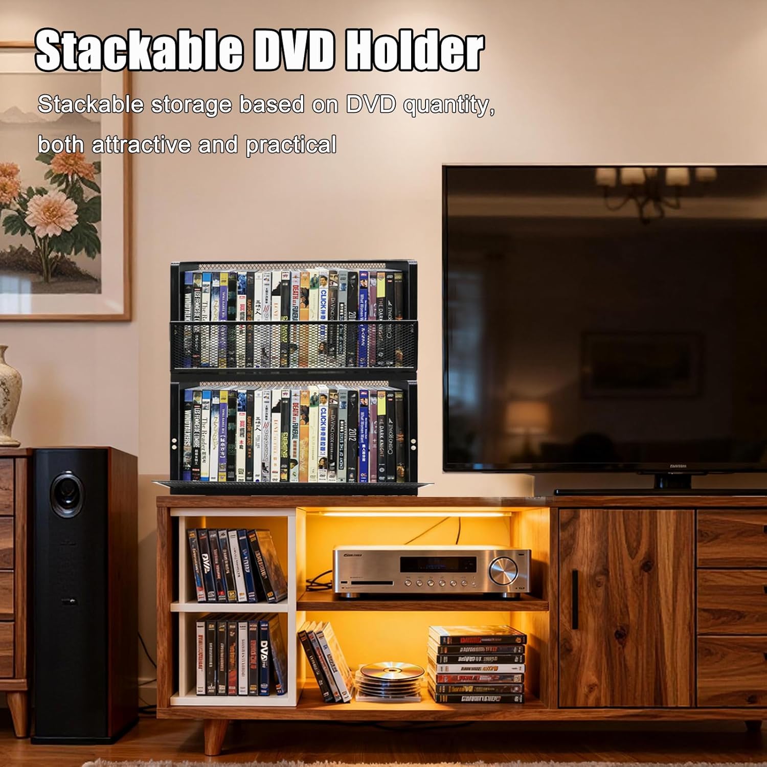 PUTNATRURE DVD CD Storage Rack 3 Pack, Holds 84 DVDs Total, Stackable DVD Tower with Magnetic Opening Door for Easy Access, Black Desktop Organizer for Blu ray, Video Game Cases, VHS Tapes