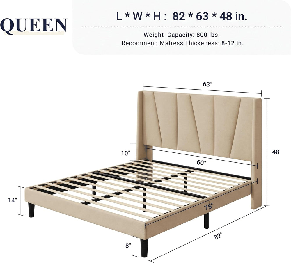 Allewie Queen Size Platform Linen Bed Frame with Headboard, Beige