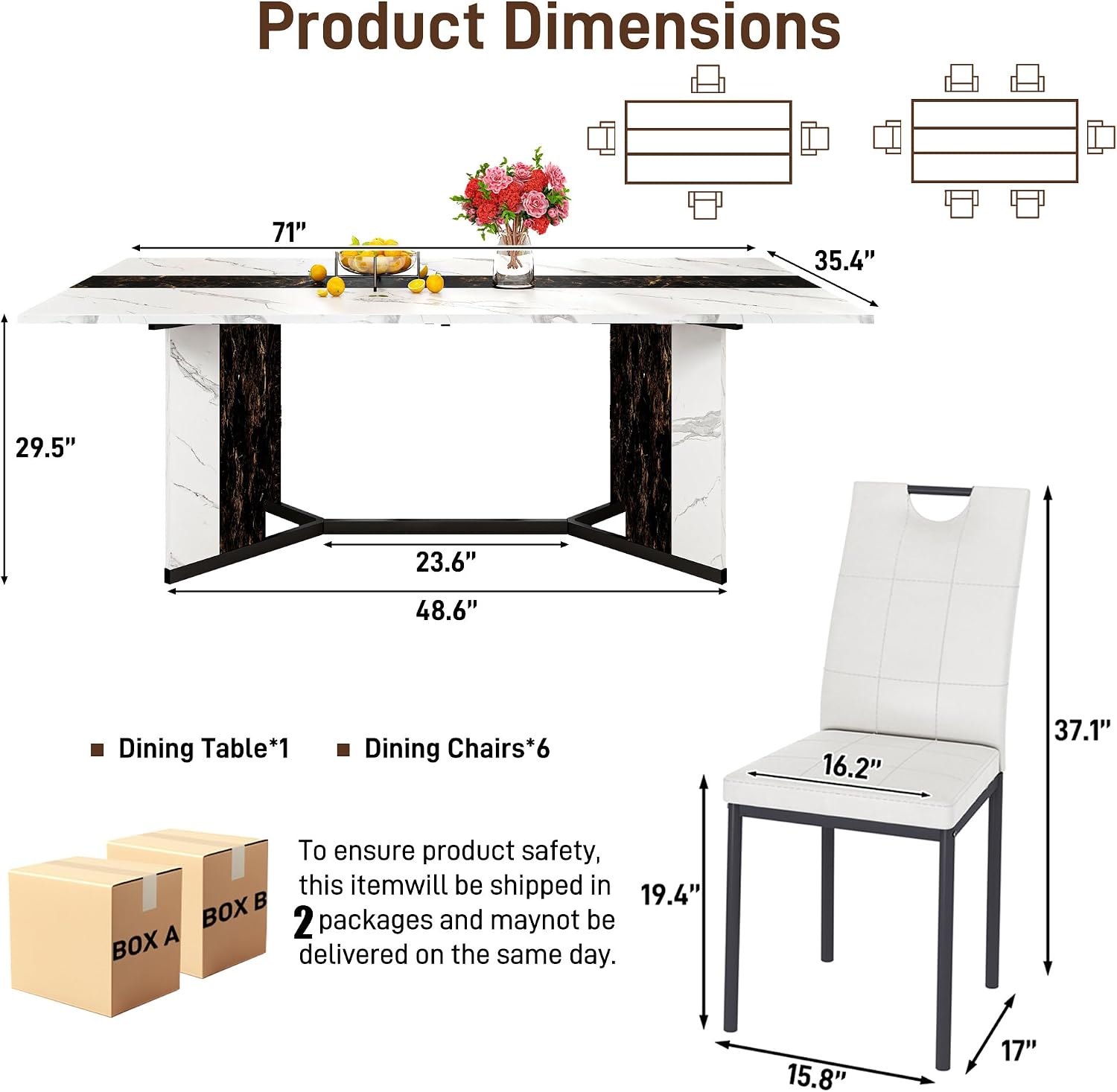 7-Piece Dining Table Set for 4 6 People, 71" Large Long Wooden Kitchen Table with 6 Cushion Chairs W/Waterproof Tabletop, Farmhouse Rectangular Dinner Table for Dining Room,Kitchen,Easy Clean