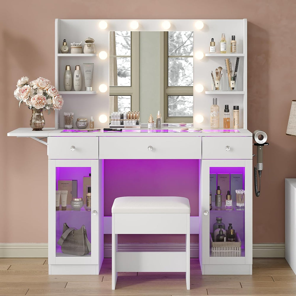 Yanosaku Makeup Vanity Desk with Mirror and Lights, RGB Lighted Vanity Desk w...
