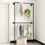 Industrial Pipe Clothing Rack Wall Mounted Garment Rack, Black Pipe Clothes Rack Retail Display Hanging Rod for Closet Storage, Laundry Room