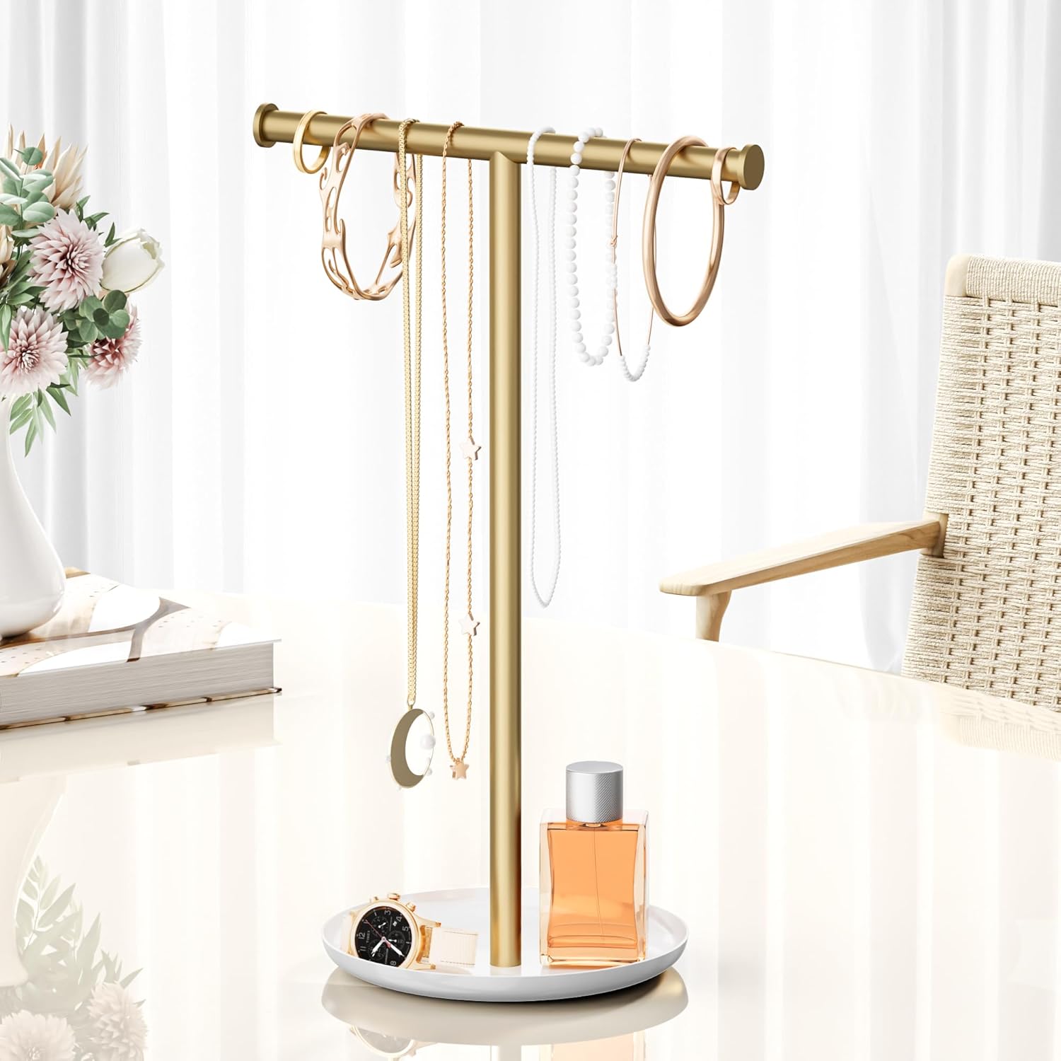 Gold Necklace Organizer Stand with Storage Tray - 12.6" Tall T-Shaped Jewelry Holder Stand for Bracelets, Earrings, Rings | Stylish Home & Vanity Décor for Women.