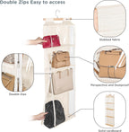 Syeeiex Over the Door Purse Organizer with Zippers, 4 Mesh Shelves, Beige | PVC Hanging Closet Bag Organizer, Dustproof Handbag Tote Storage Bag for Door, Wardrobe and Shelf Rack