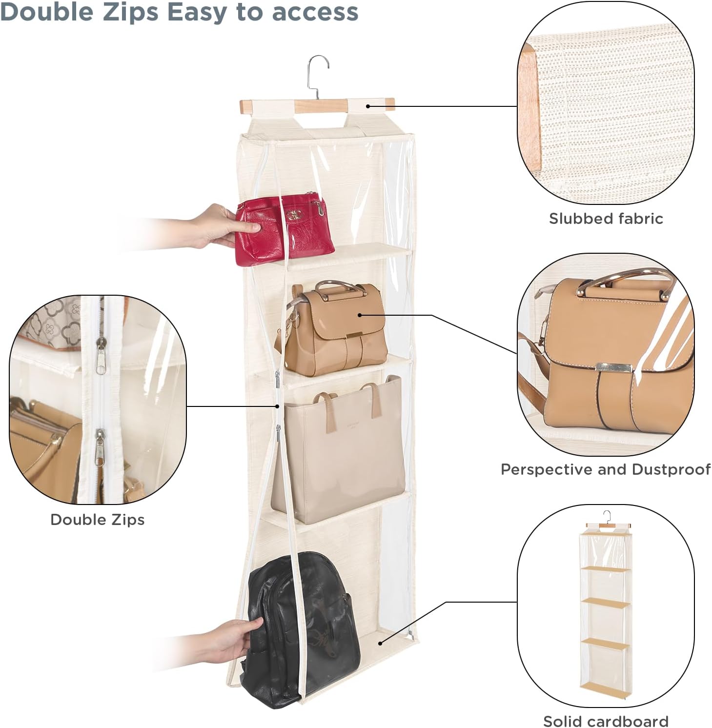 Syeeiex Over the Door Purse Organizer with Zippers, 4 Mesh Shelves, Beige | PVC Hanging Closet Bag Organizer, Dustproof Handbag Tote Storage Bag for Door, Wardrobe and Shelf Rack