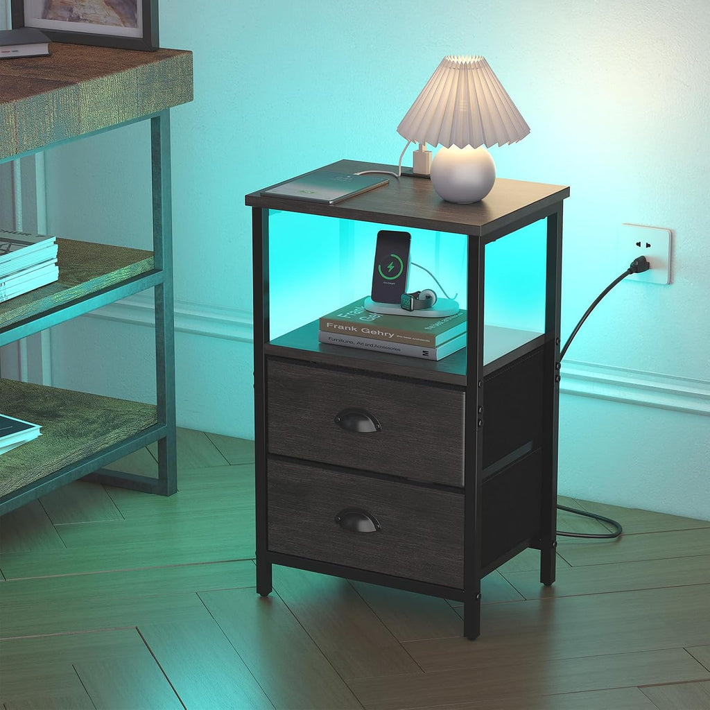 sthmec Nightstand with Charging Station, LED Night Stand Set of 2, Bedside Table End Table with Drawer, Bedroom Tables with 2 Fabric Drawers, 3-Tier Storage Side Table for Bedroom, Black Oak