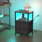 sthmec Nightstand with Charging Station, LED Night Stand Set of 2, Bedside Table End Table with Drawer, Bedroom Tables with 2 Fabric Drawers, 3-Tier Storage Side Table for Bedroom, Black Oak
