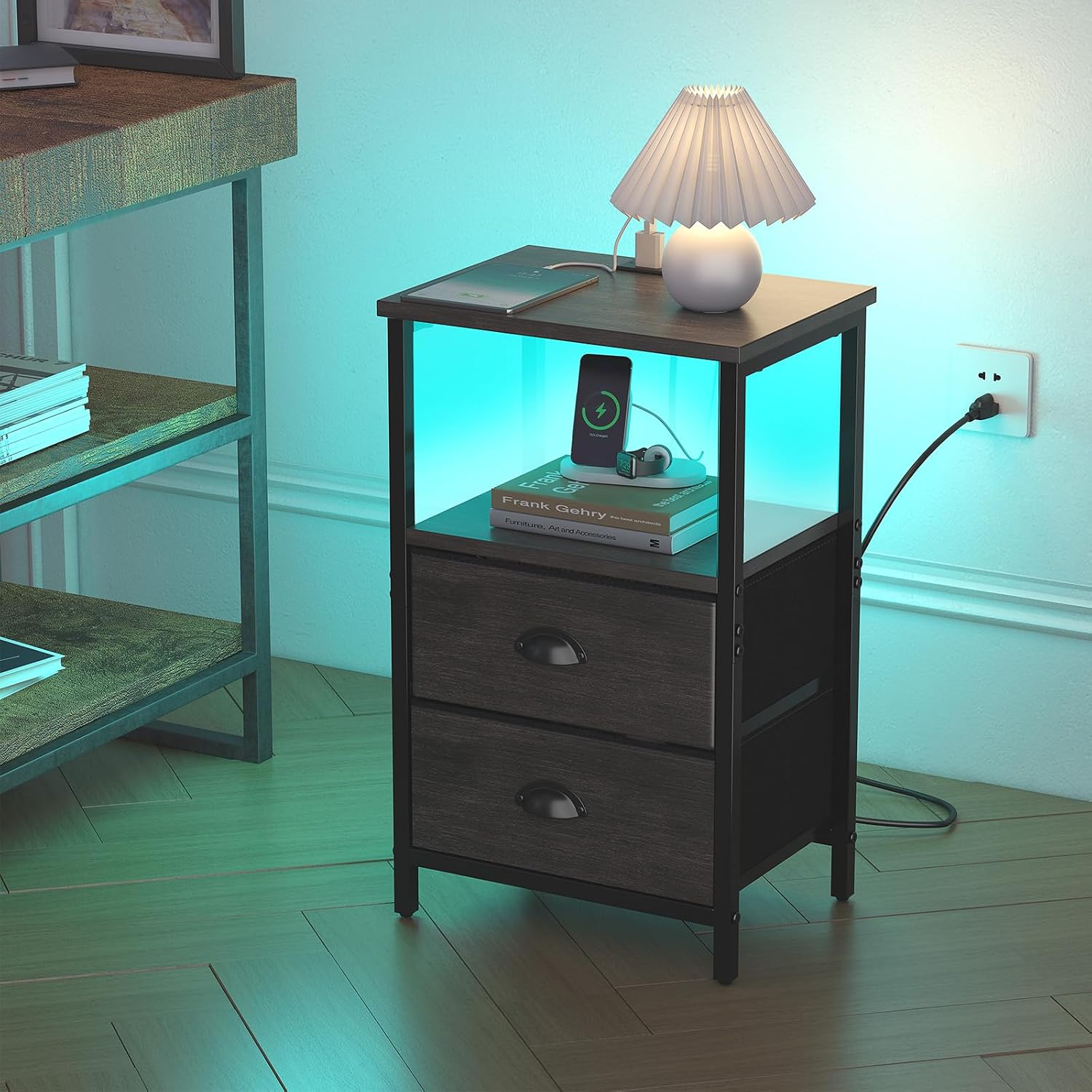 sthmec Nightstand with Charging Station, LED Night Stand Set of 2, Bedside Table End Table with Drawer, Bedroom Tables with 2 Fabric Drawers, 3-Tier Storage Side Table for Bedroom, Black Oak