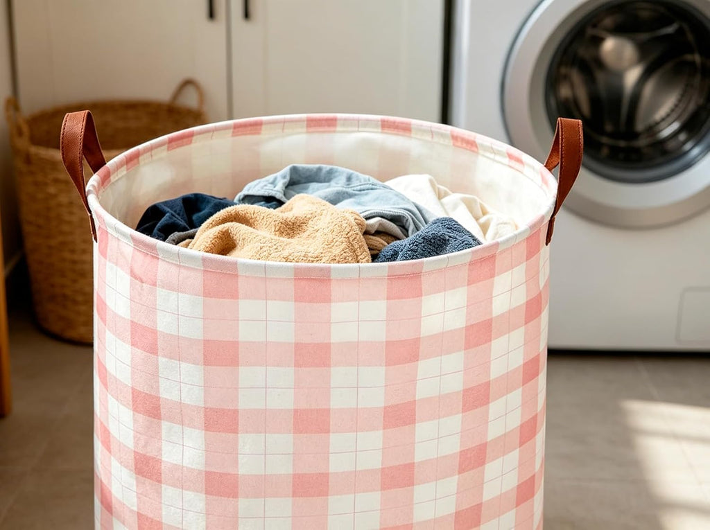 CLOCOR Laundry Basket, Waterproof Fabric Storage Container, Room Decor, Gift Basket(Pink Grid)