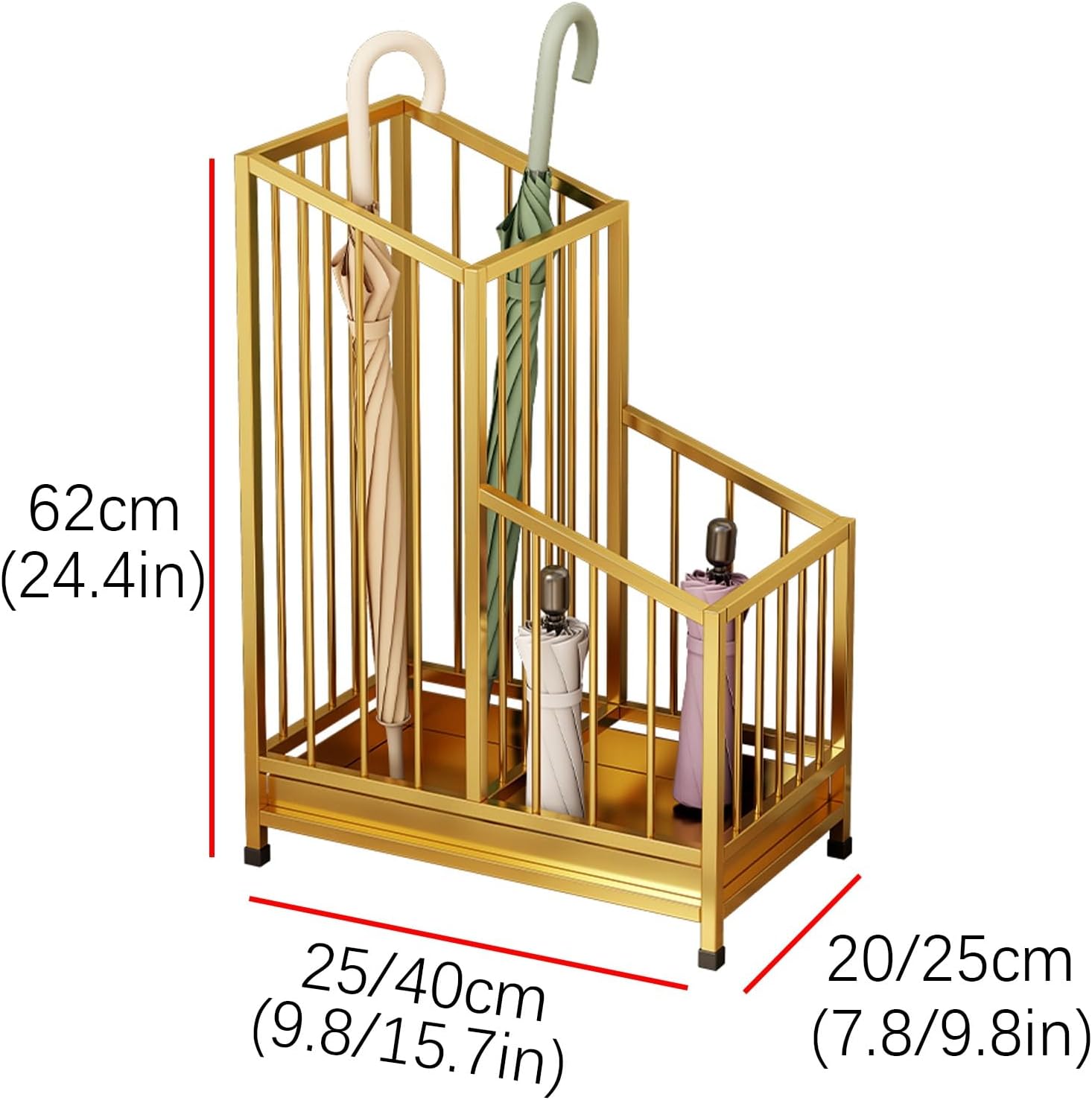 Indoor Metal Umbrella Stand，Umbrella Storage，Tall Metal Standing Umbrella Holder，Umbrella Holder for entryway，for Hotel，Offices，Home，Commercial(Gold,40 * 25 * 62cm/16 * 8 * 24.4in)