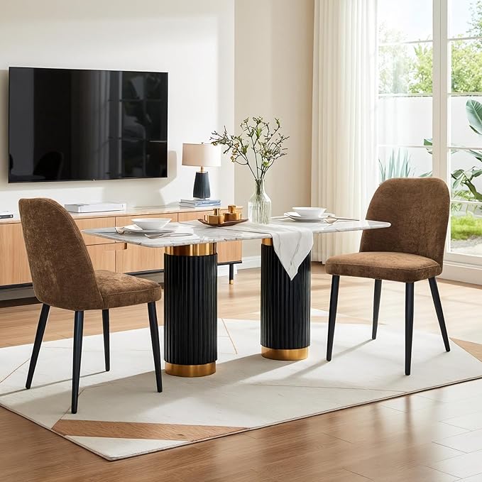 Upholstered Dining Chairs Set of 2 Modern Kitchen Chairs Chenille Fabric Dining Room Chairs High-Back Padded Dining Chairs with Metal Legs for Kitchen Dining Room Restaurant Cafe Hotel, Brown