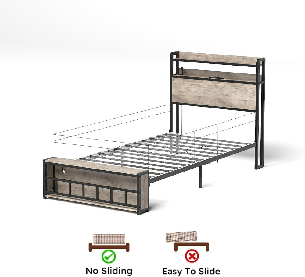 Peanu Twin Bed Frame, Charging Station, LED Headboard, Black Gray